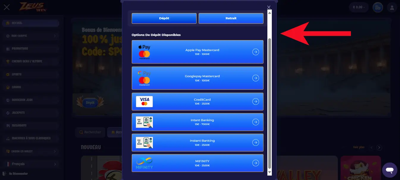 dépôt étape 2 zeuswin casino