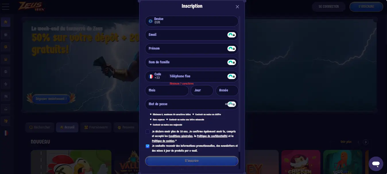 inscription étape 1 zeuswin casino