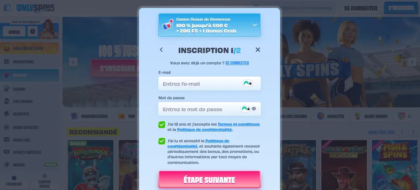 inscription étape 3 only spins casino