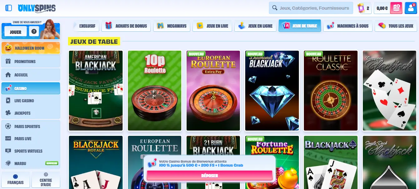jeux de table only spins casino