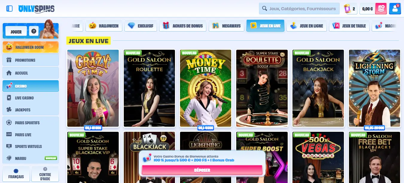 jeux en live only spins casino