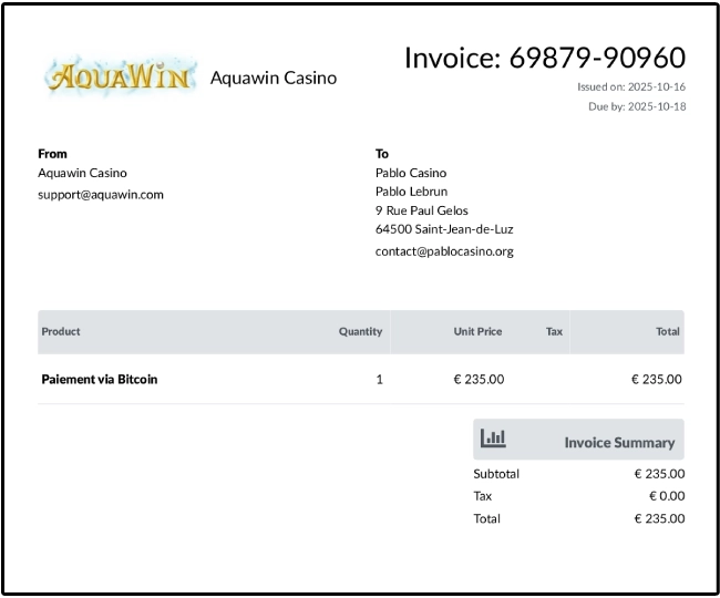 Preuve de retrait Aquawin