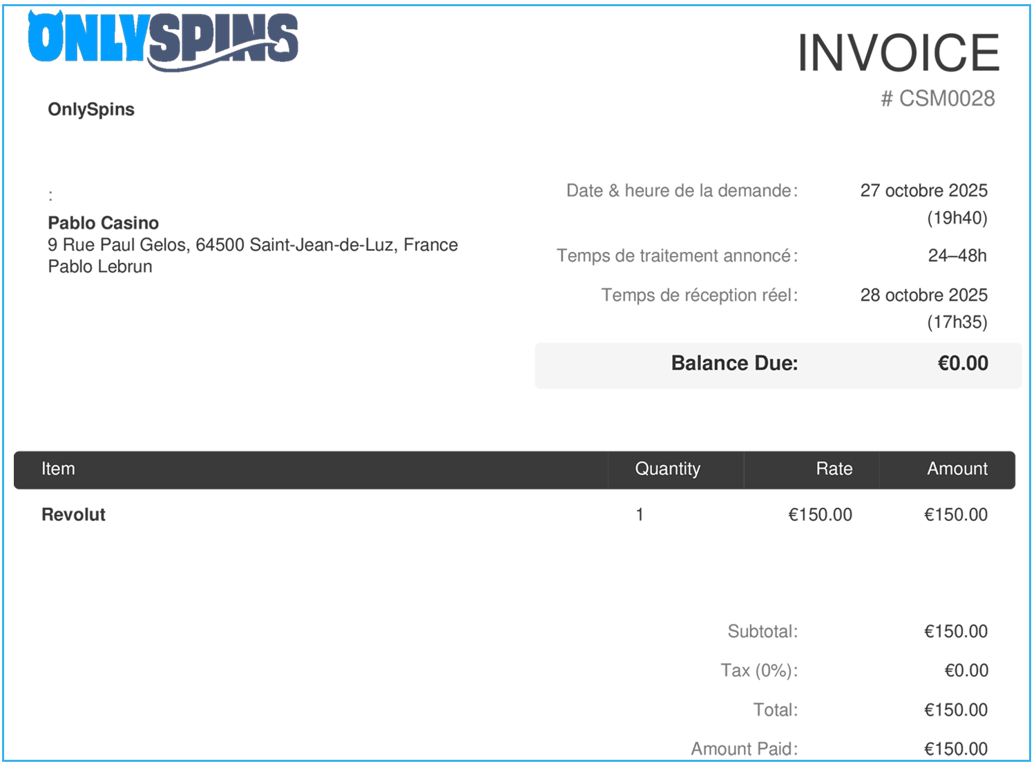 preuve du paiement de onlyspins