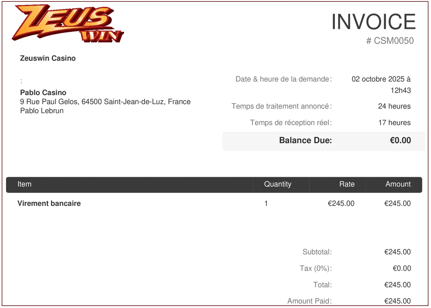 preuve du paiement de zeuswin casino