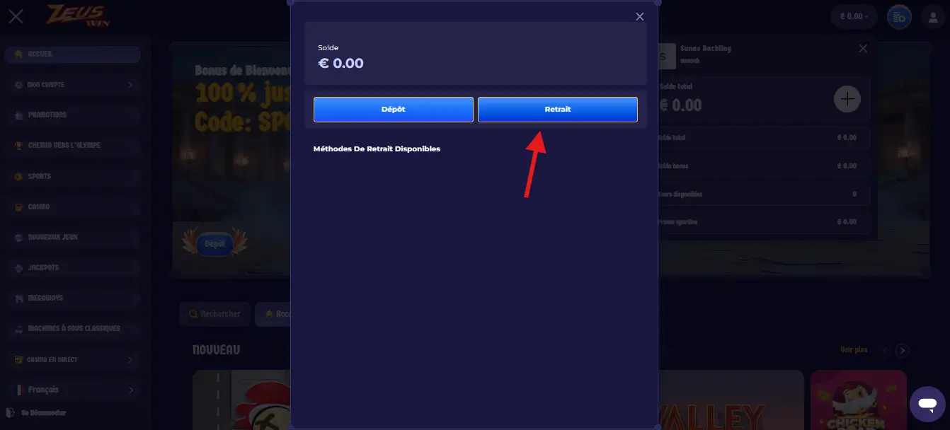 retrait étape 2 zeuswin casino