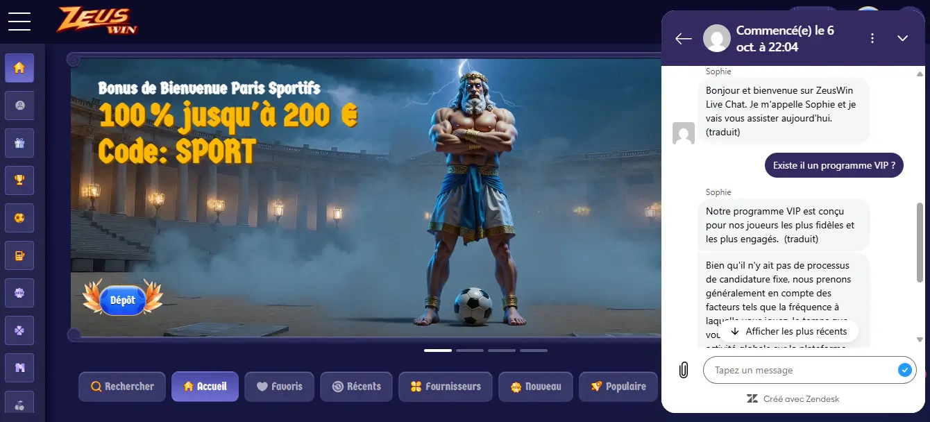 service client zeuswin casino