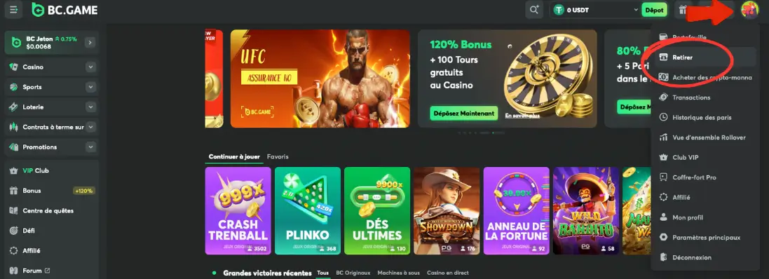 tutoriel retirer ses gains étape 1