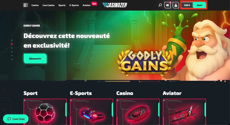 Dépôt sur casino Cashlib étape1