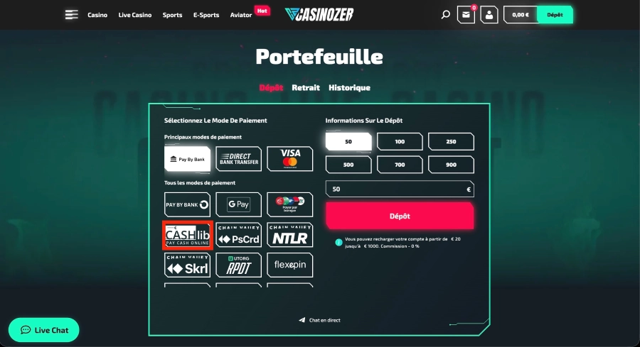 Dépôt sur casino Cashlib étape2