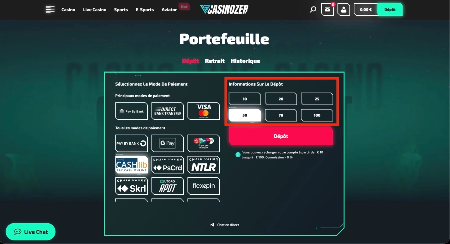 Dépôt sur casino Cashlib étape3