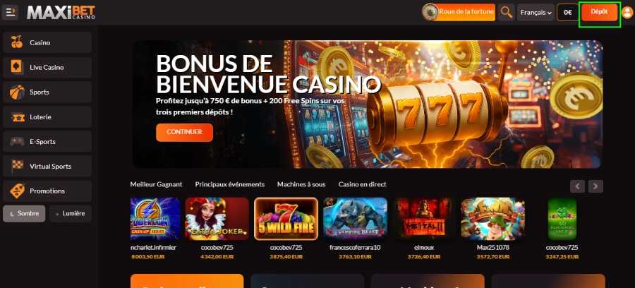 Faire un dépôt sur Maxibet étape1