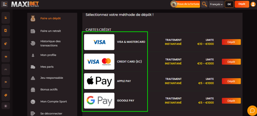 Faire un dépôt sur Maxibet étape2