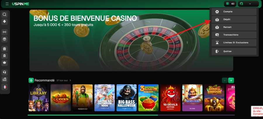 Faire un dépôt sur Uspin Casino étape1