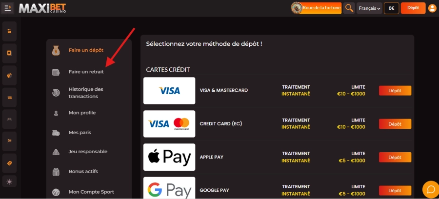 Faire un retrait sur Maxibet étape1