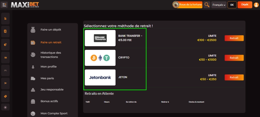 Faire un retrait sur Maxibet étape2