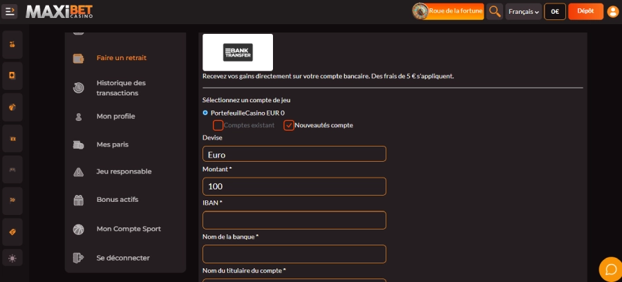 Faire un retrait sur Maxibet étape3