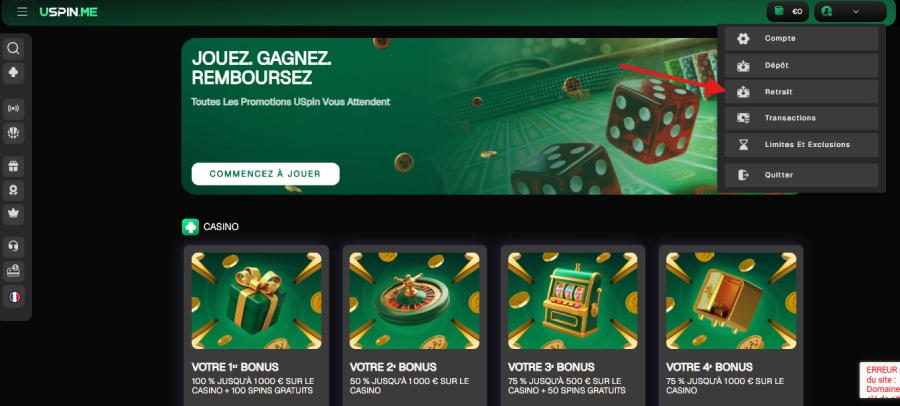 Faire un retrait sur Uspin Casino étape1