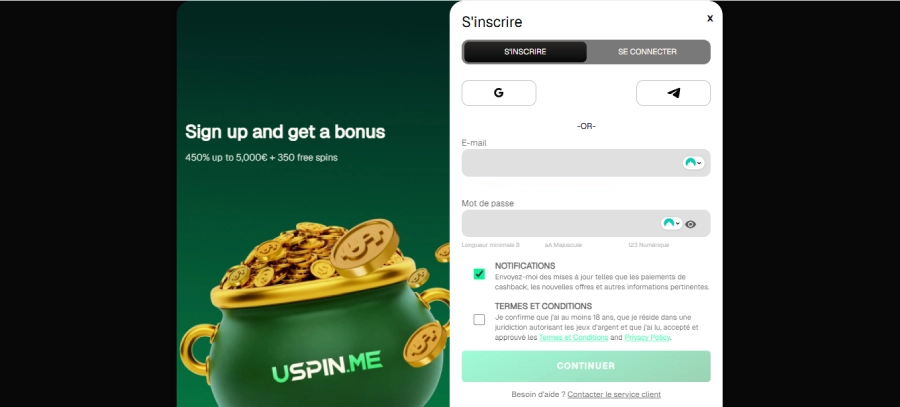 Inscription sur Uspin Casino étape2