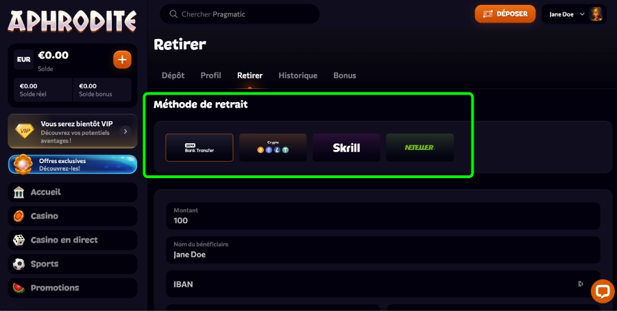 Retrait casino bonus 200% étape2