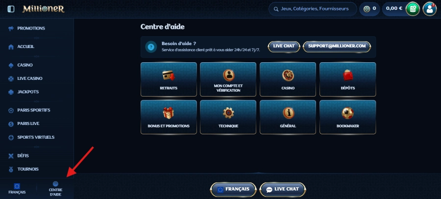 Centre d'aide Millioner Casino