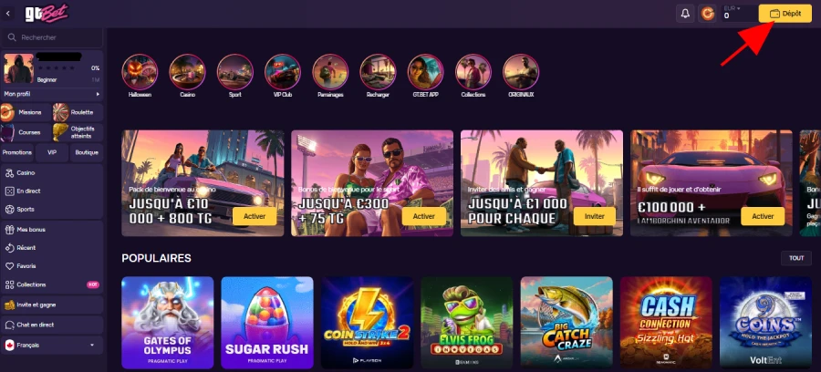 Faire un dépôt étape 1 GTbet