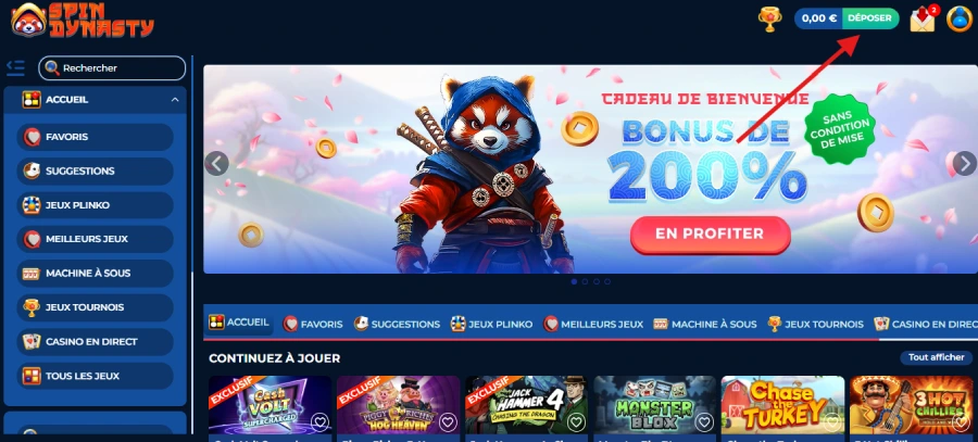 Dépôt sur Spin Dynasty étape 1