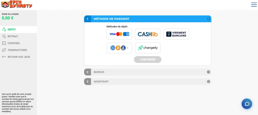 Dépôt sur Spin Dynasty étape 2