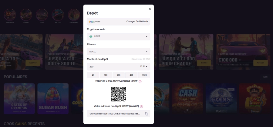 Faire un dépôt étape 3 GTbet