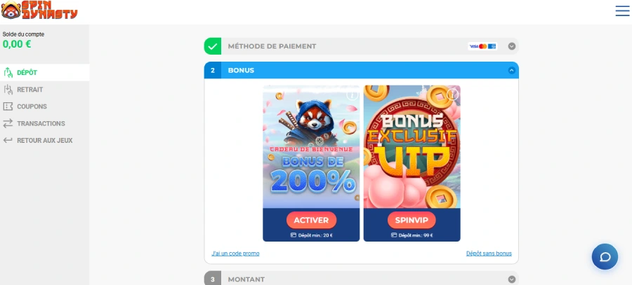 Dépôt sur Spin Dynasty étape 3