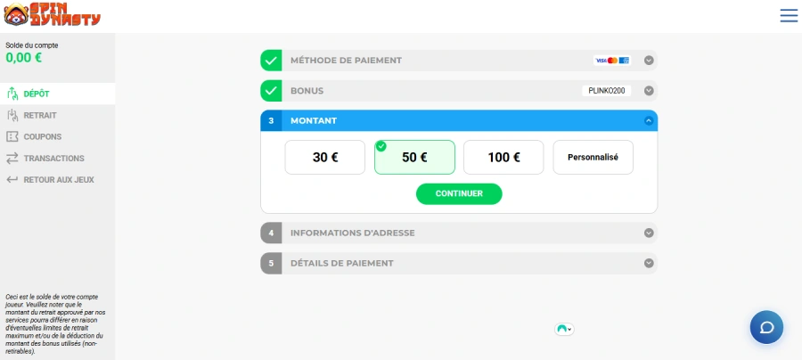 Dépôt sur Spin Dynasty étape 4