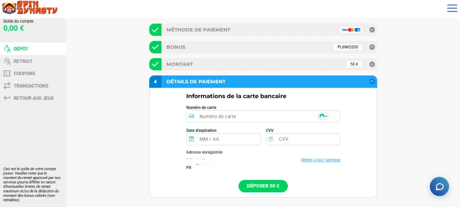 Dépôt sur Spin Dynasty étape 5