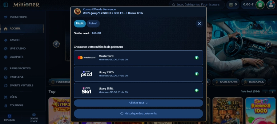 Dépôt sur Millioner étape 2