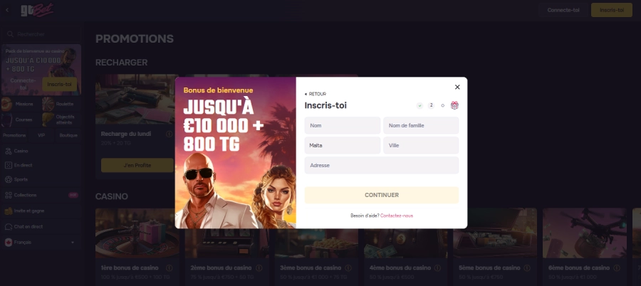 Inscription étape 3 GTbet