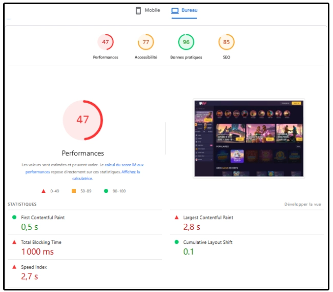 Performance sur ordinateur de GTbet