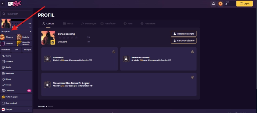 Faire un retrait étape 1 GTbet