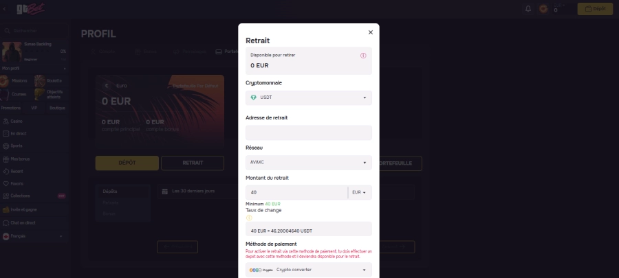 Faire un retrait étape 3 GTbet