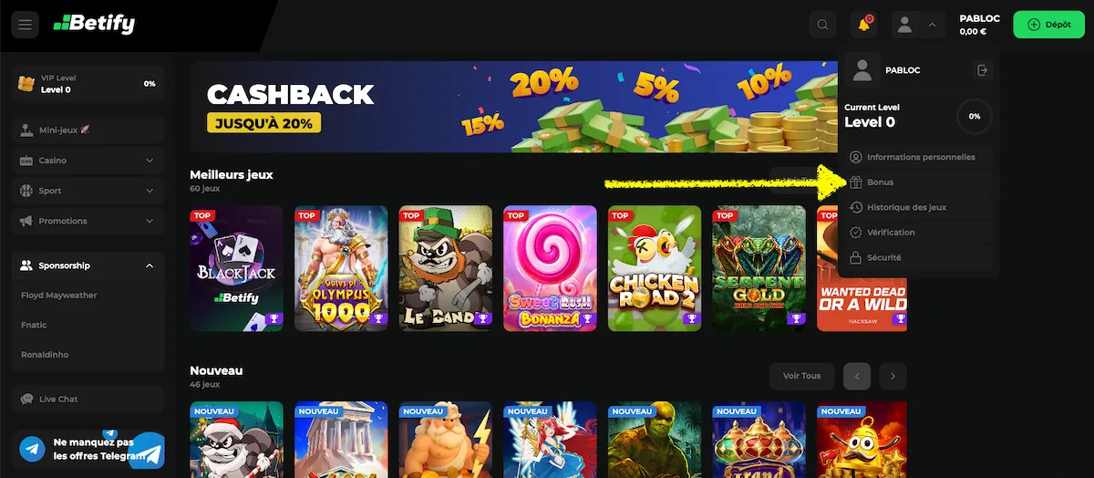 comment retirer ses gains issus d'un code promo étape 1