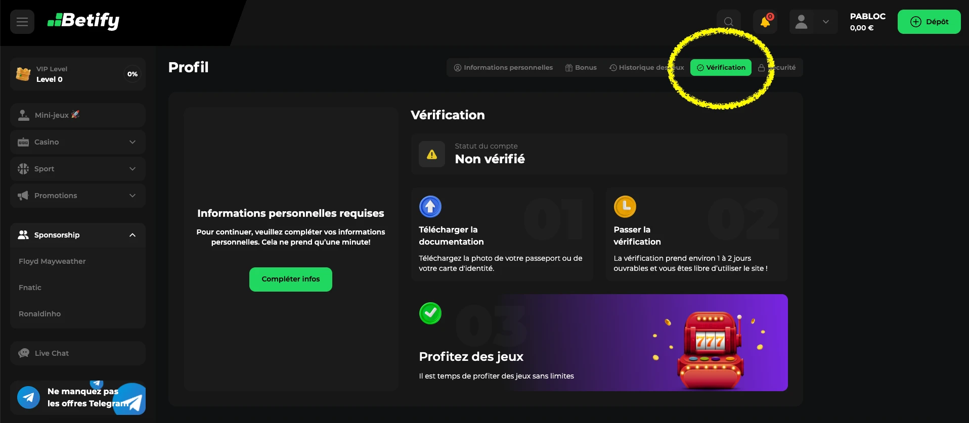 comment retirer ses gains issus d'un code promo étape 2