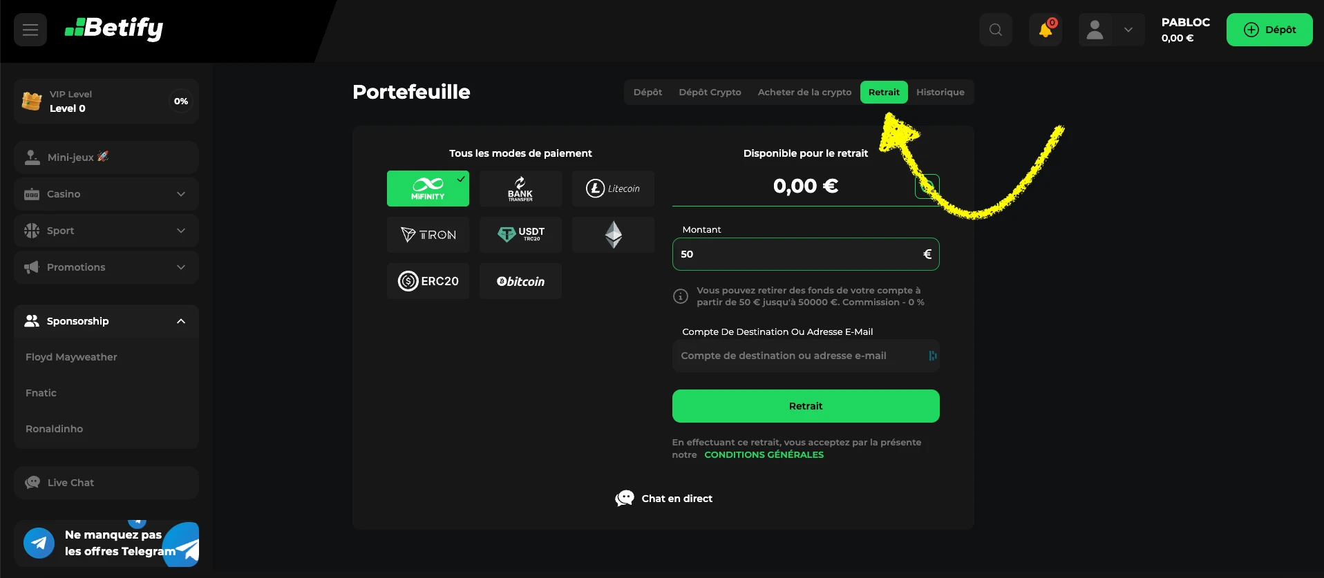 comment retirer ses gains issus d'un code promo étape 3