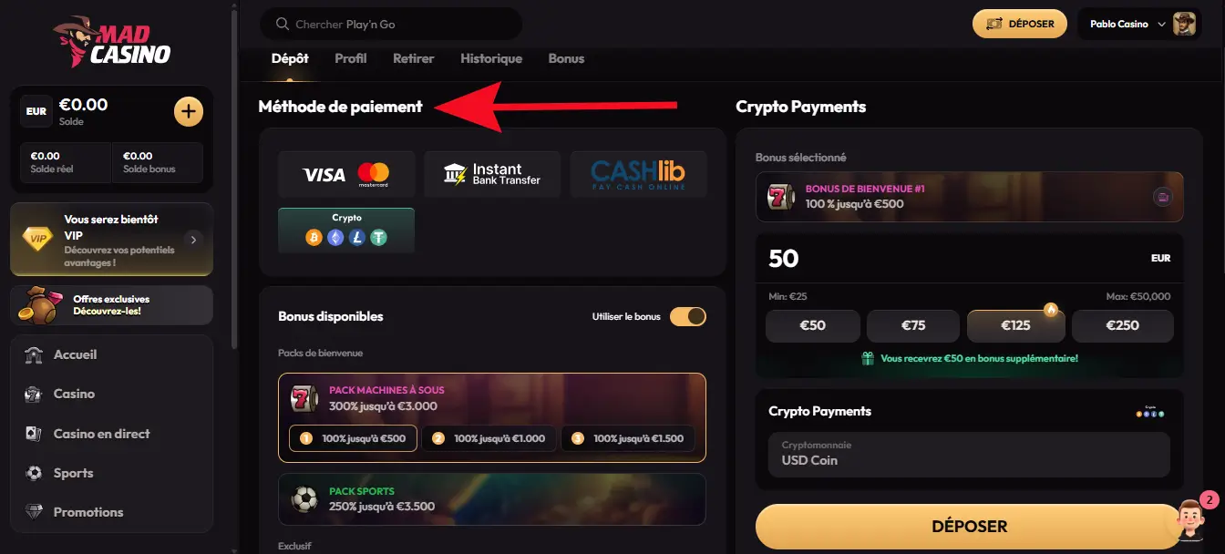 dépôt étape 2 mad casino