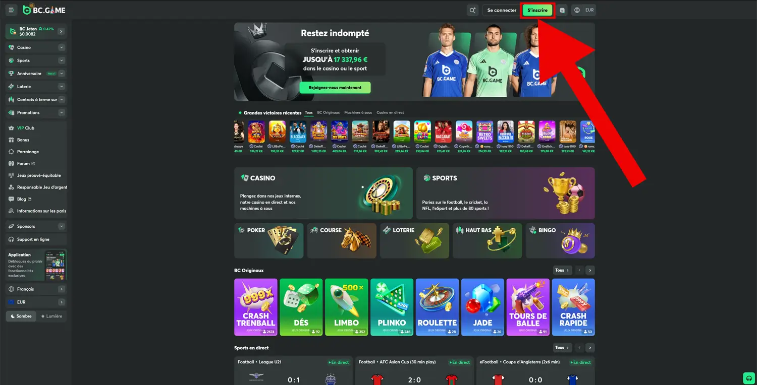 inscription étape 1 bc game