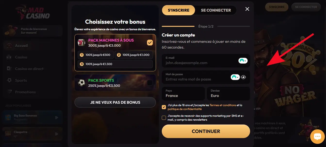 inscription étape 2 mad casino