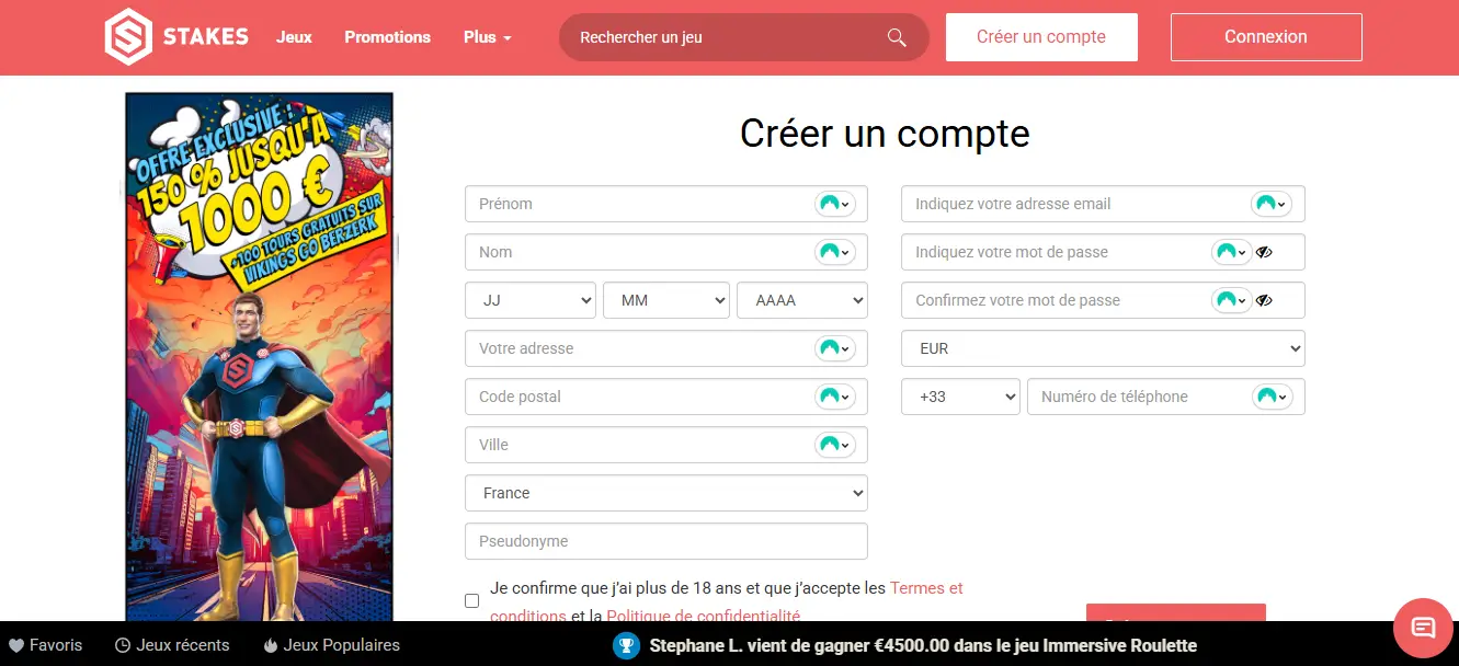 inscription étape 2 stakes casino