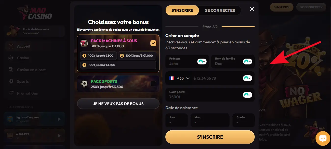 inscription étape 3 mad casino