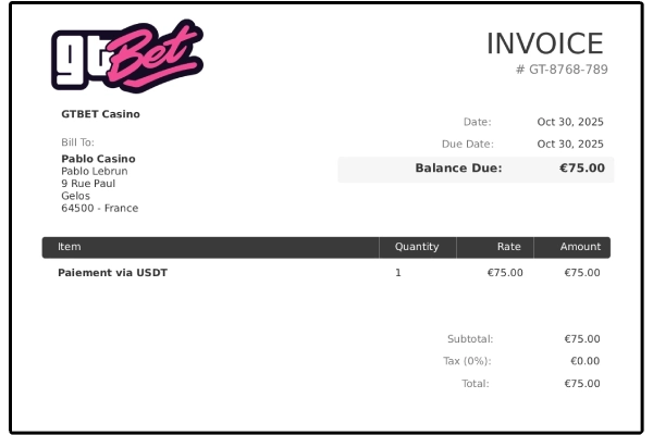 Preuve de retrait GTbet