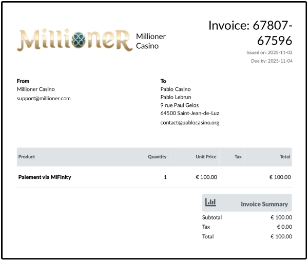 Preuve de retrait Millioner