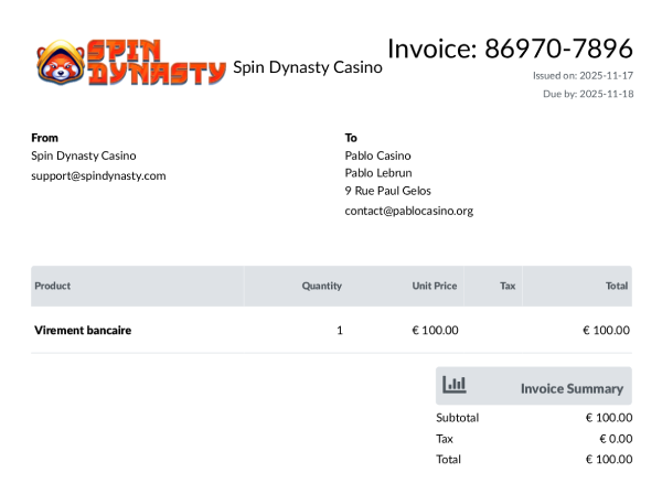 preuve de retrait Spin Dynasty