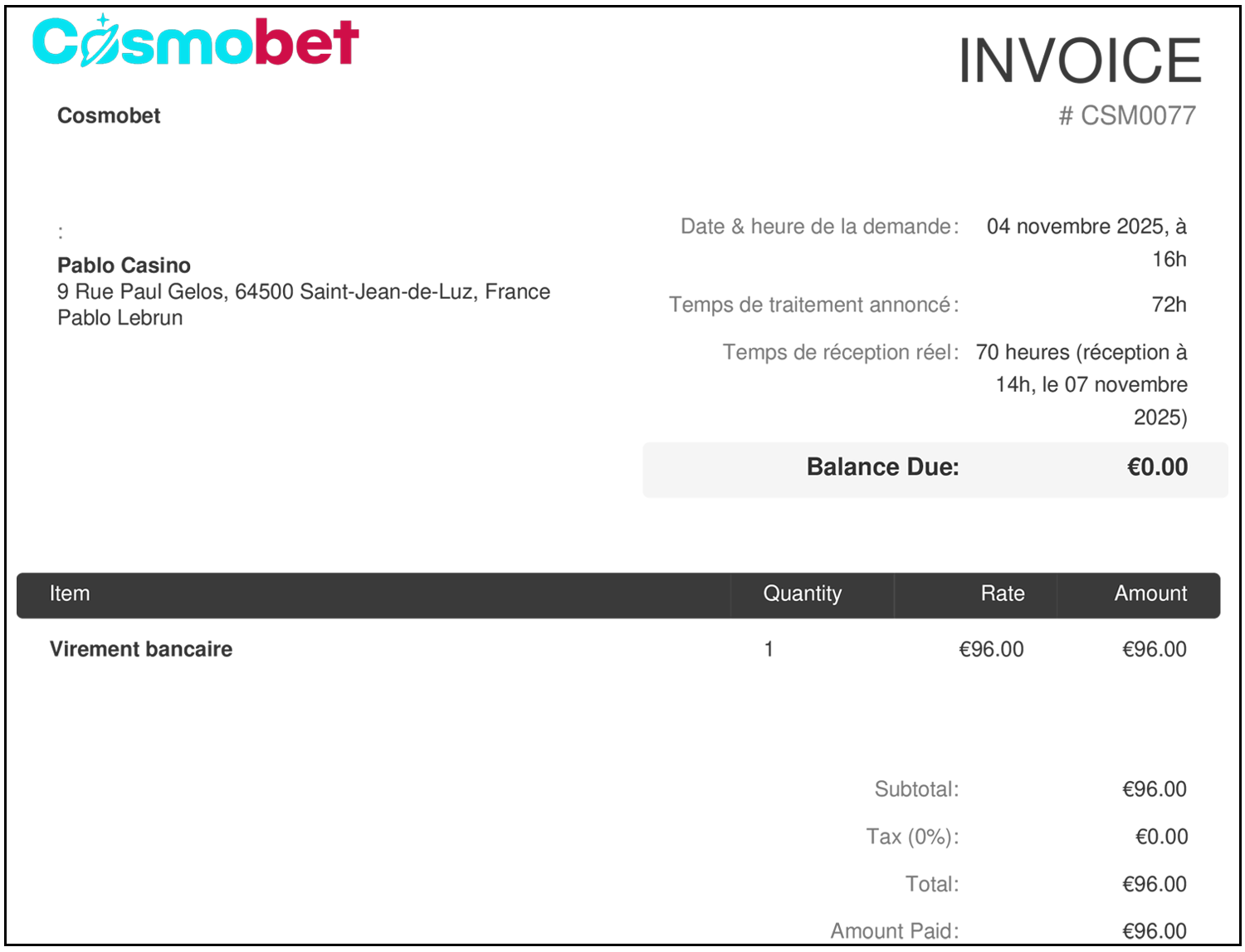preuve du paiement cosmobet