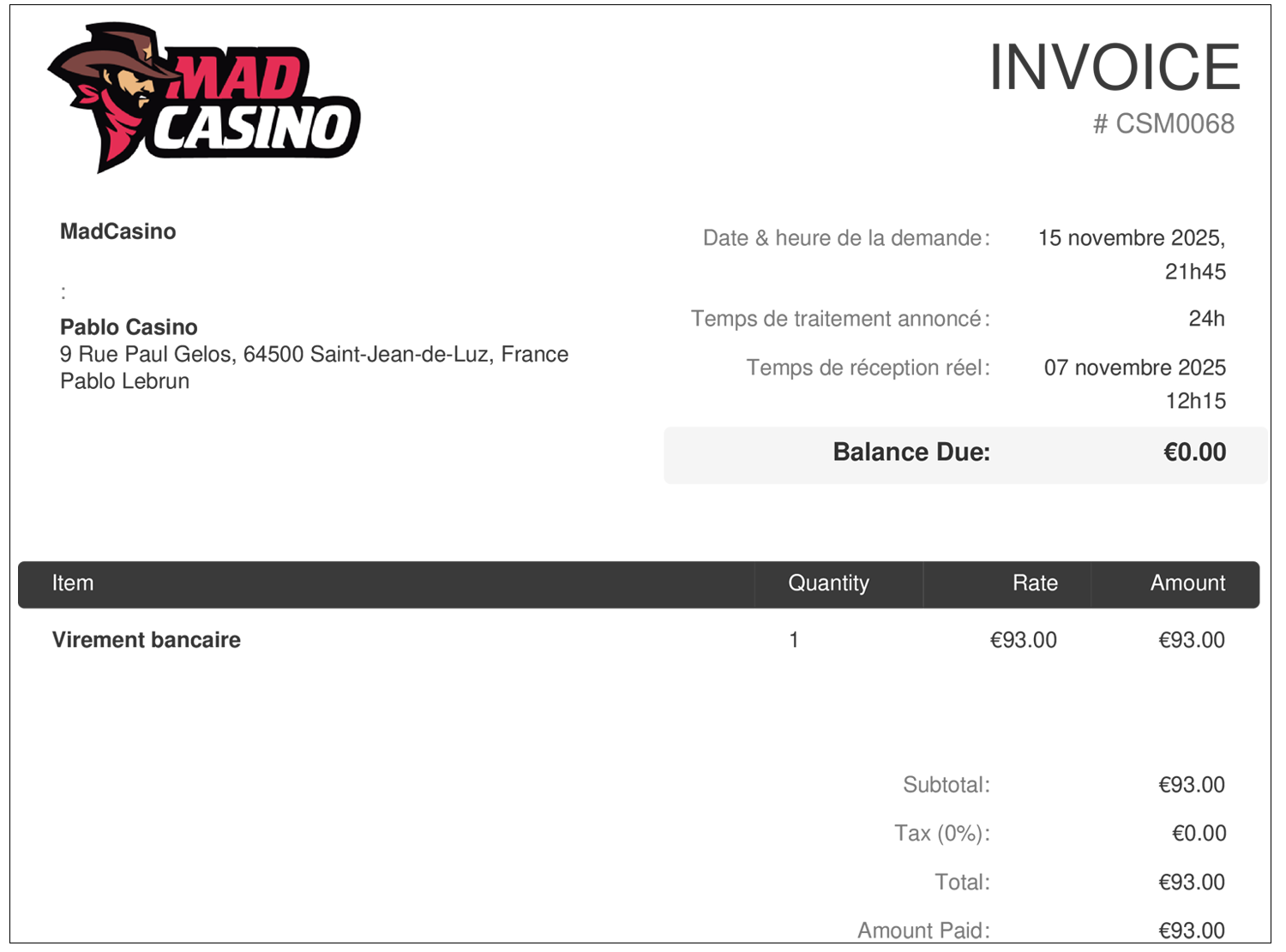 preuve du paiement madcasino