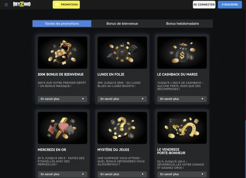 Promotions casino sur le site de jeux Betzino.